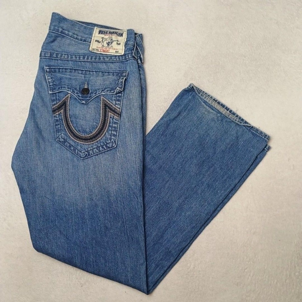 True Religion Jeans Men 38x34 Blue Straight Light Wash Billy Super T Embroidered